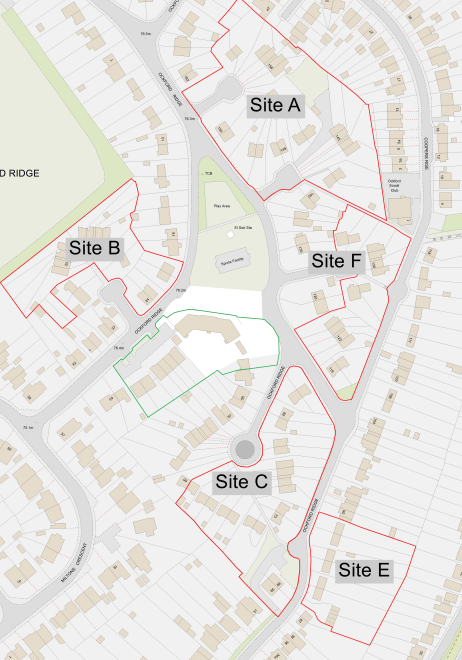 A map detailing all of the Ockford Ridge building sites, A through F